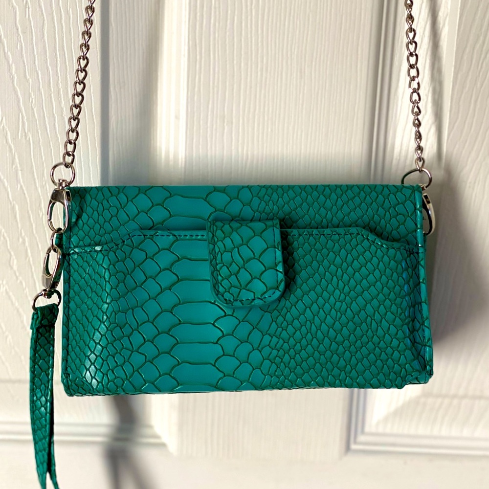 Just solutions teal mini purse crocodile skin textured